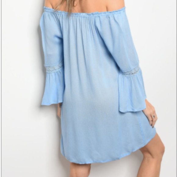 Sky Blue Lace Trim Off The Shoulder Dress - Picture 2 of 5